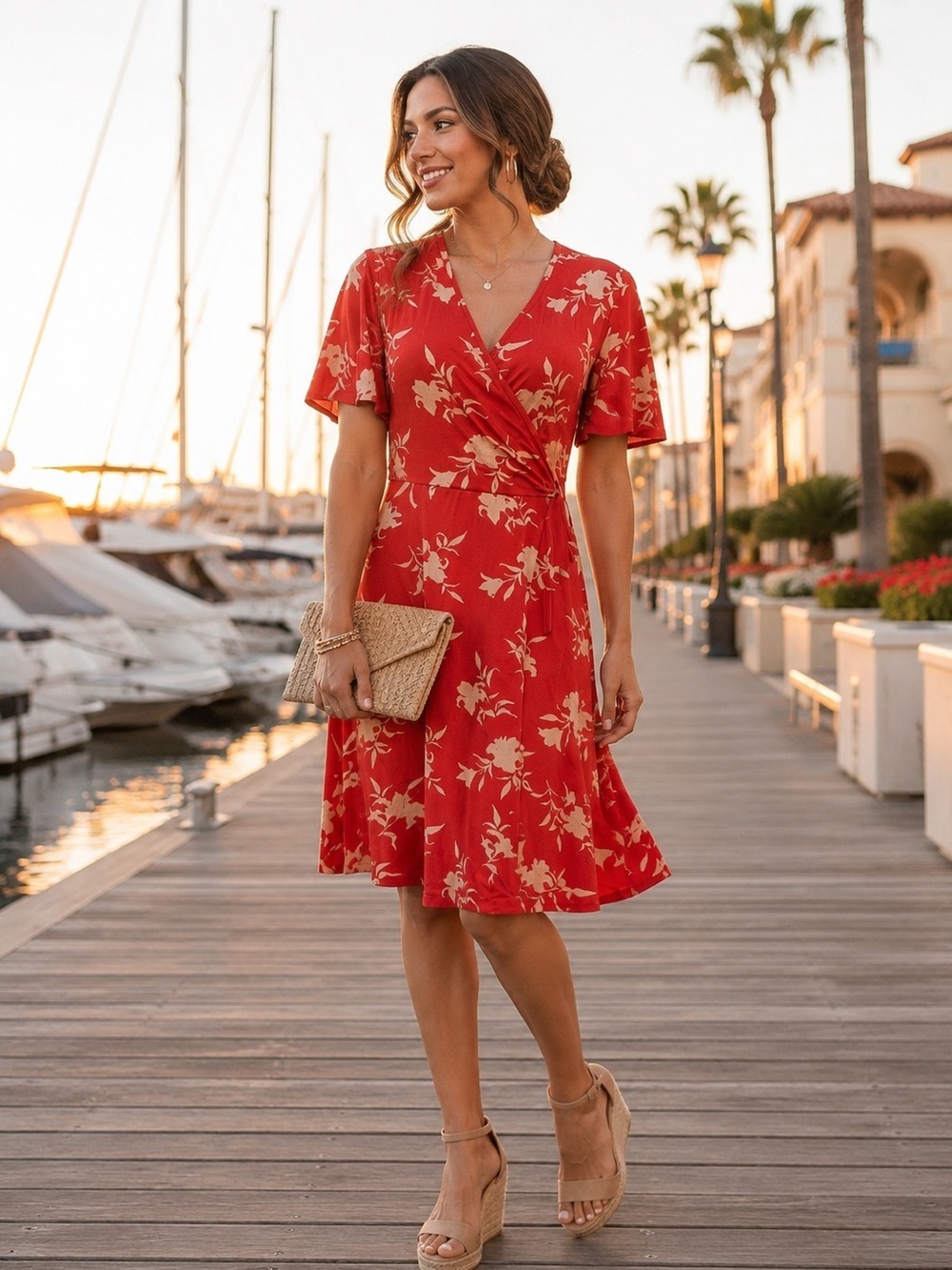 NWT 41 Hawthorn Rose of Sharon Flutter Sleeve Faux Wrap Dress in Coral Size M
